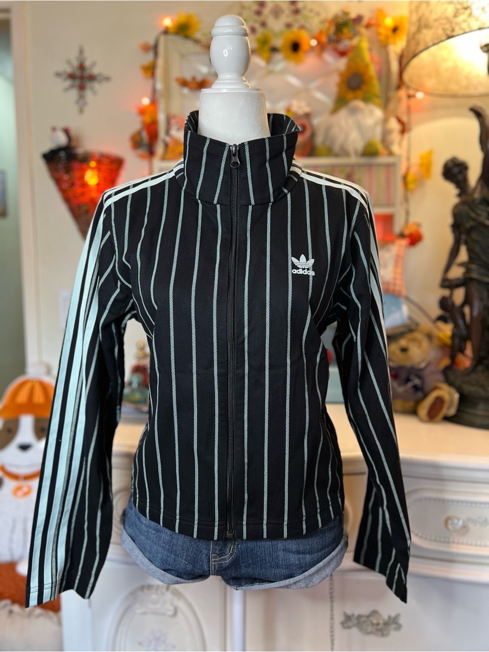 adidas Black Jacket with Mint Pinstripes and White Sleeve Stripes